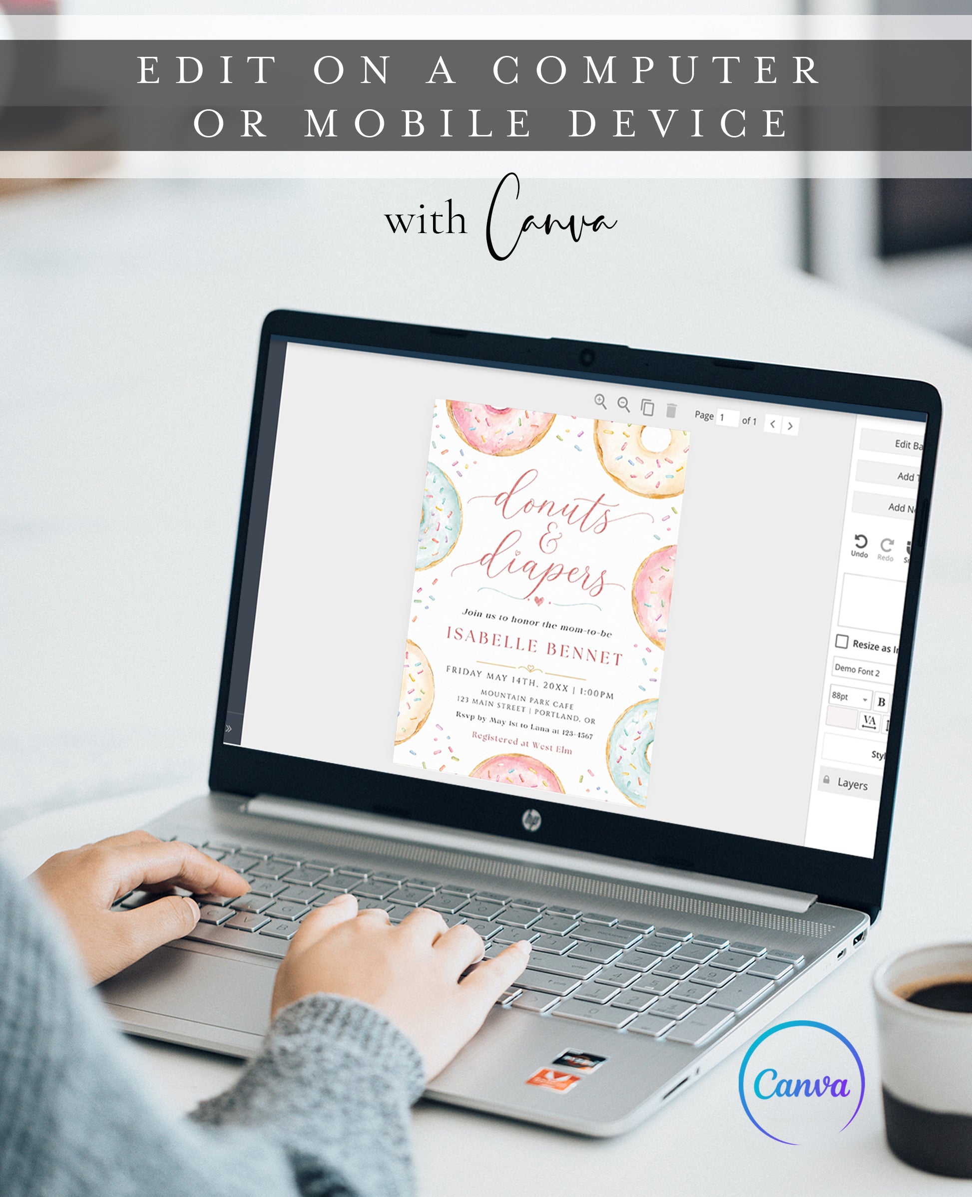 Editable donuts and diapers baby shower invitation Canva template with watercolour pastel donuts, rainbow sprinkles, and script typography on a white background