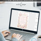 Editable wildflower baby sprinkle invitation Canva template with watercolour botanicals, blush arch, butterfly details, and script typography on a soft pink background