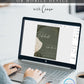 Editable sage green and gold birthday invitation Canva template with abstract shapes, cream botanical accent, gold foil scatter details, and script typography