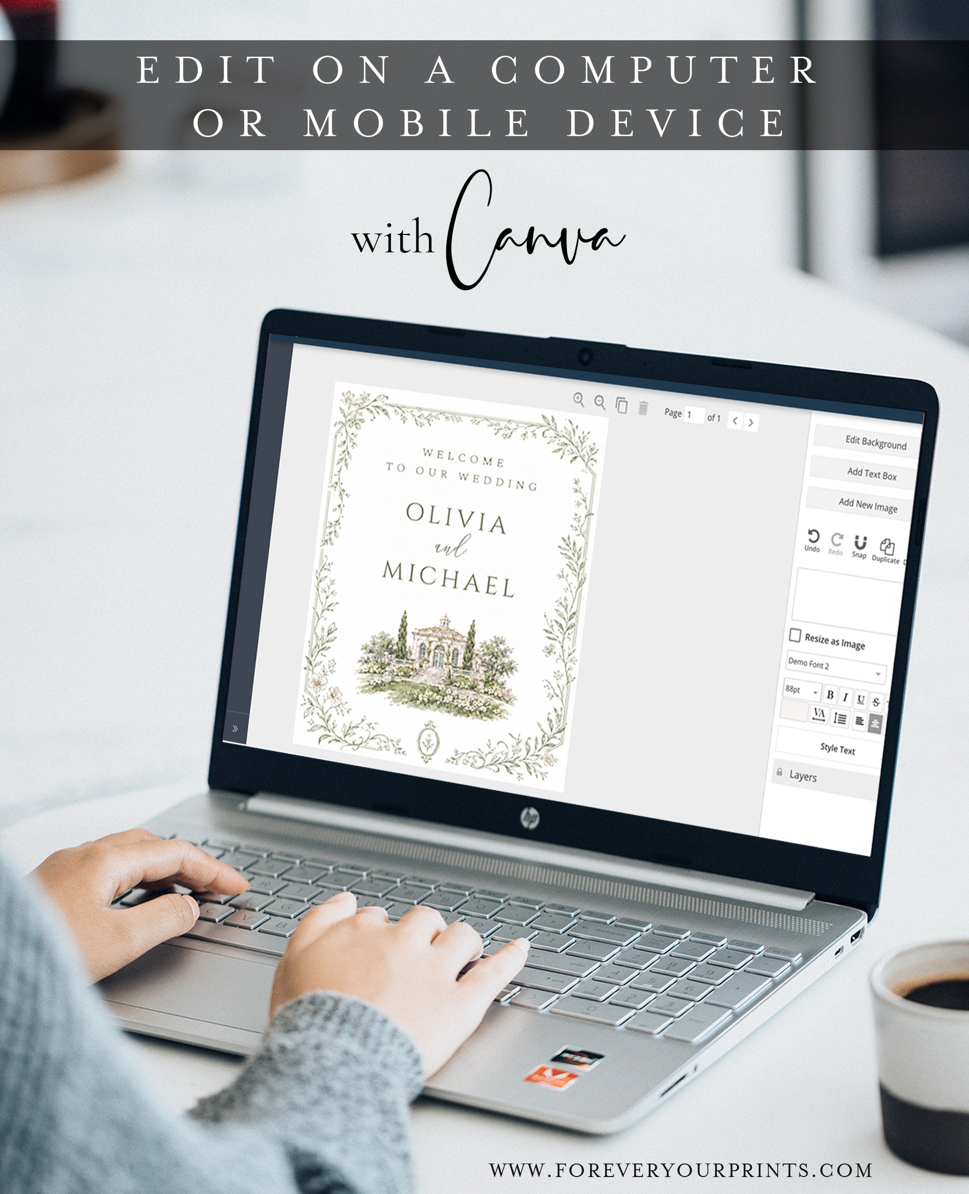 Editable garden estate wedding welcome sign Canva template with watercolour venue illustration, botanical border, and sage green tones