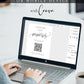 Minimalist black and white wedding photo sharing QR code sign template with calligraphy script and scan to upload instructions, editable in Canva
