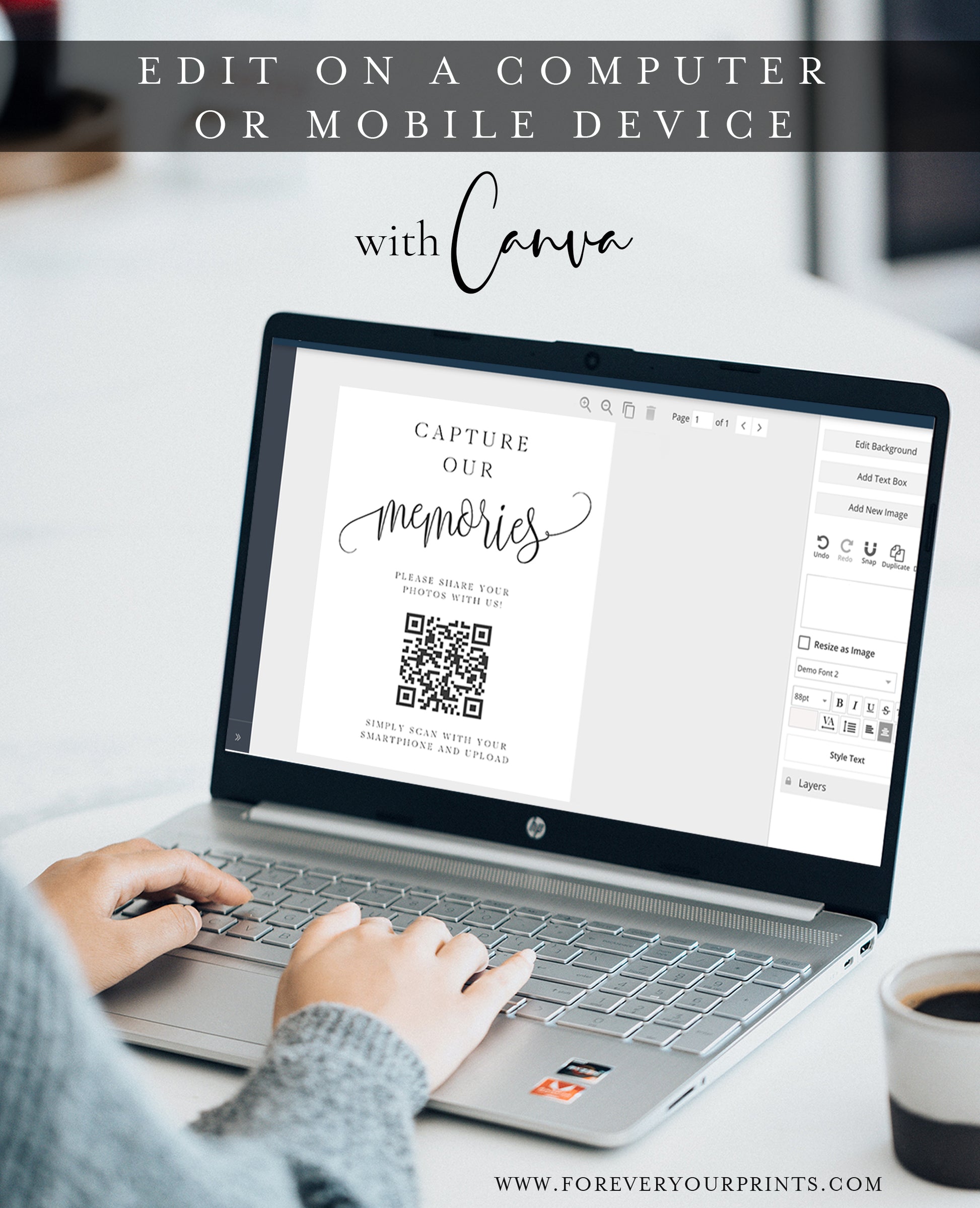 Minimalist black and white wedding photo sharing QR code sign template with calligraphy script and scan to upload instructions, editable in Canva