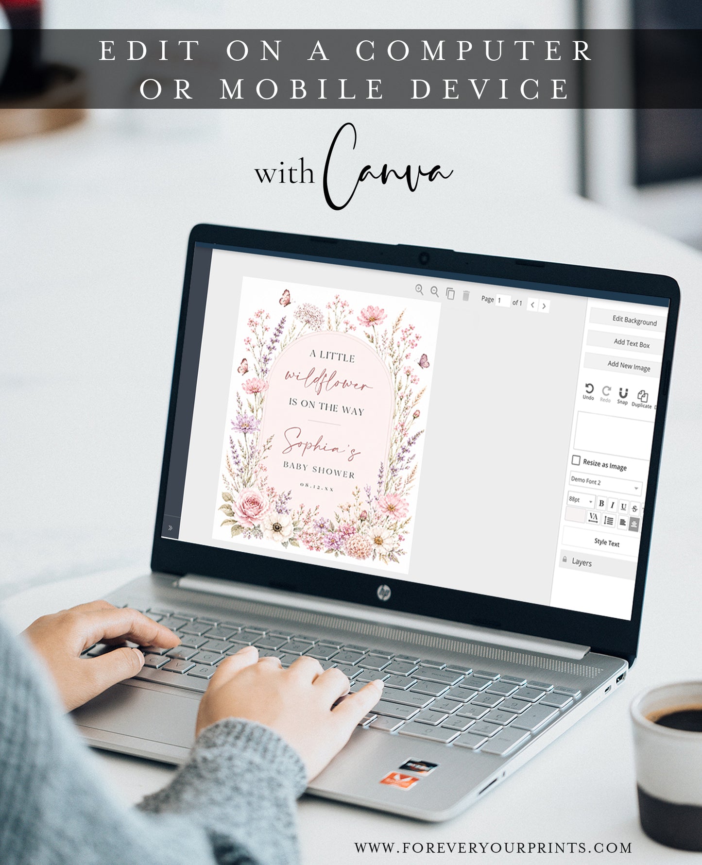 Editable wildflower baby shower welcome sign Canva template with watercolour roses, lavender, cosmos, blush arch, and butterfly details in soft pink and purple tones