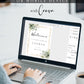 Eucalyptus greenery and gold frame bridal shower welcome sign template with watercolor botanicals in corner clusters, editable in Canva