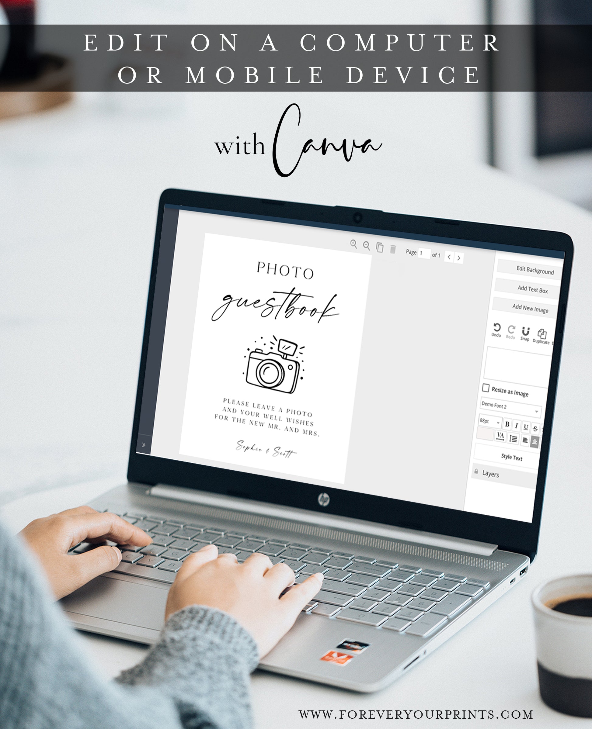 Minimalist black and white wedding photo guestbook sign template with calligraphy script and hand-drawn camera illustration, editable in Canva
