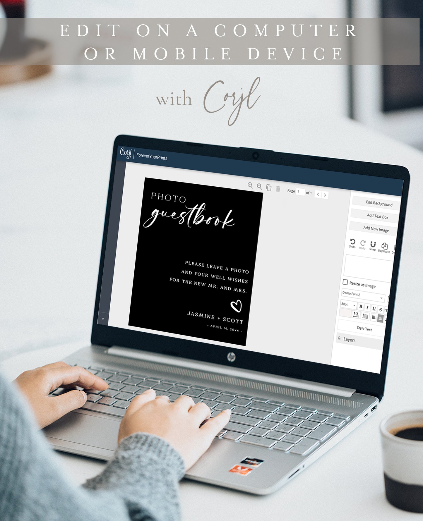 Black minimalist photo guestbook sign with elegant script and serif font, editable for wedding decor | www.foreveryourprints.com