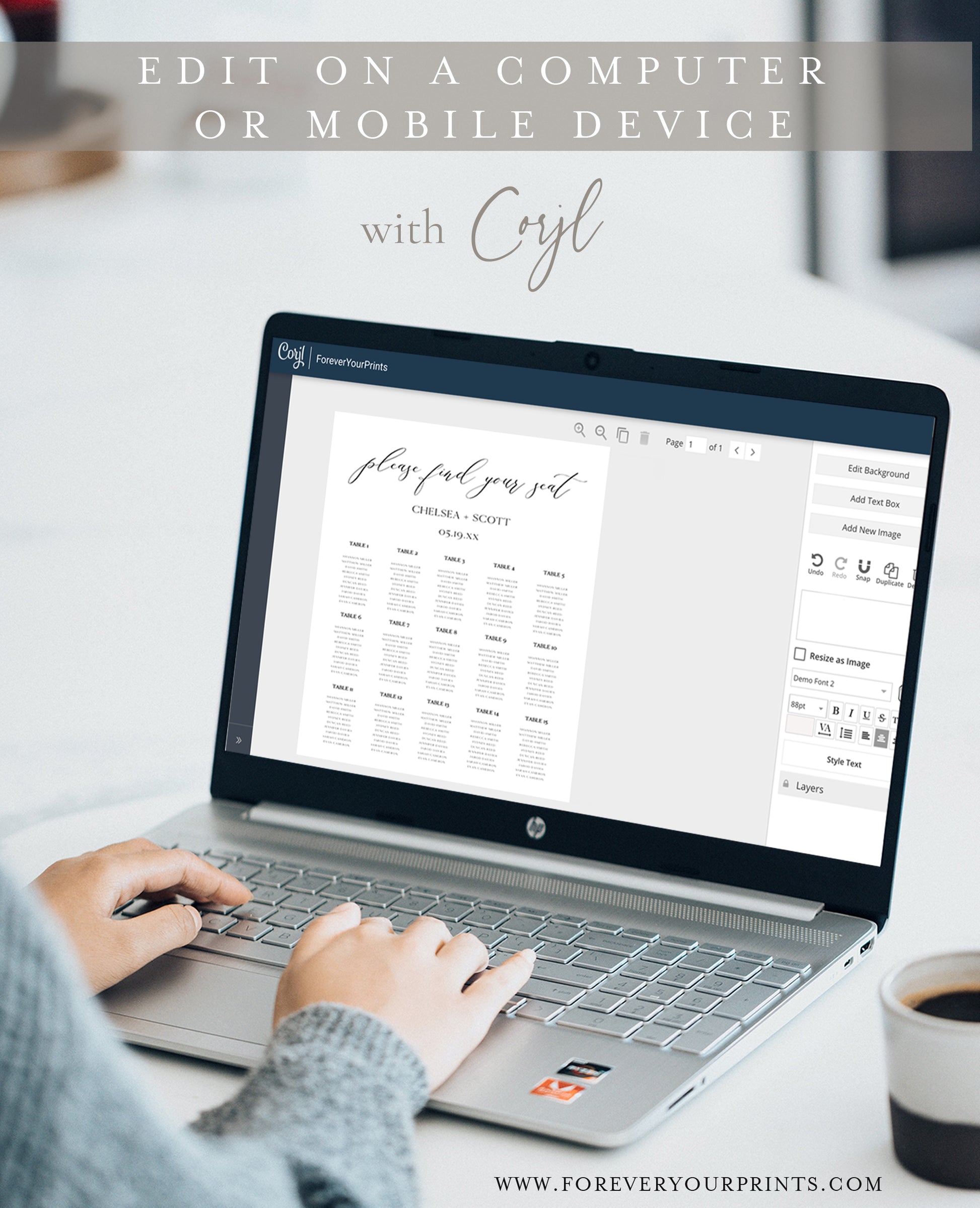 Wedding seating chart sign with "Please Find Your Seat" script heading, black serif guest list layout, editable with Corjl | www.foreveryourprints.com