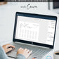 Minimalist gray horizontal wedding seating chart template with oversized calligraphy welcome script and 14 table layout, editable in Canva