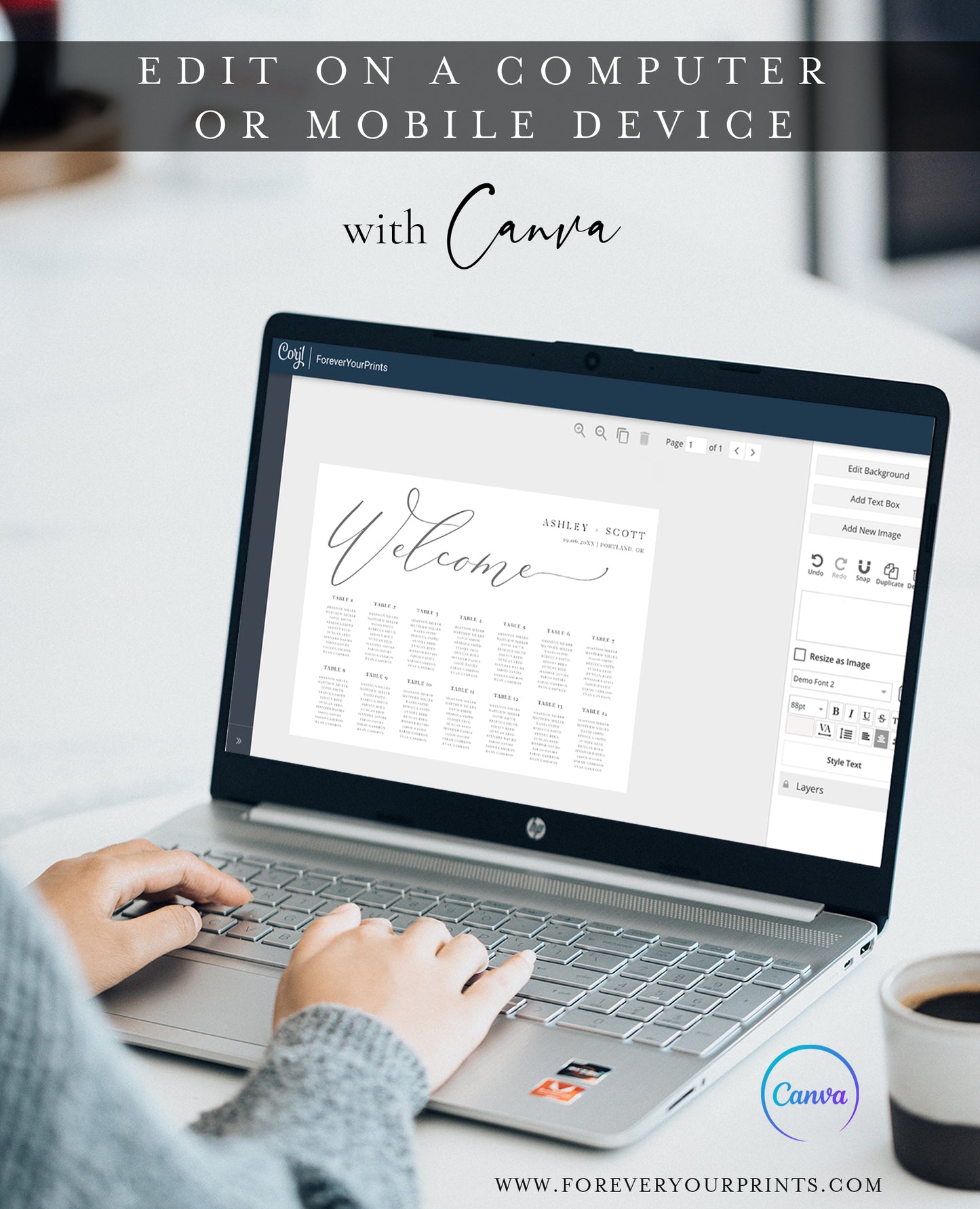 Minimalist gray horizontal wedding seating chart template with oversized calligraphy welcome script and 14 table layout, editable in Canva