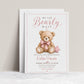 We can bearly wait baby shower invitation with watercolor teddy bear, pink bow, stitched star pillow, scalloped border, and soft pink baby girl details