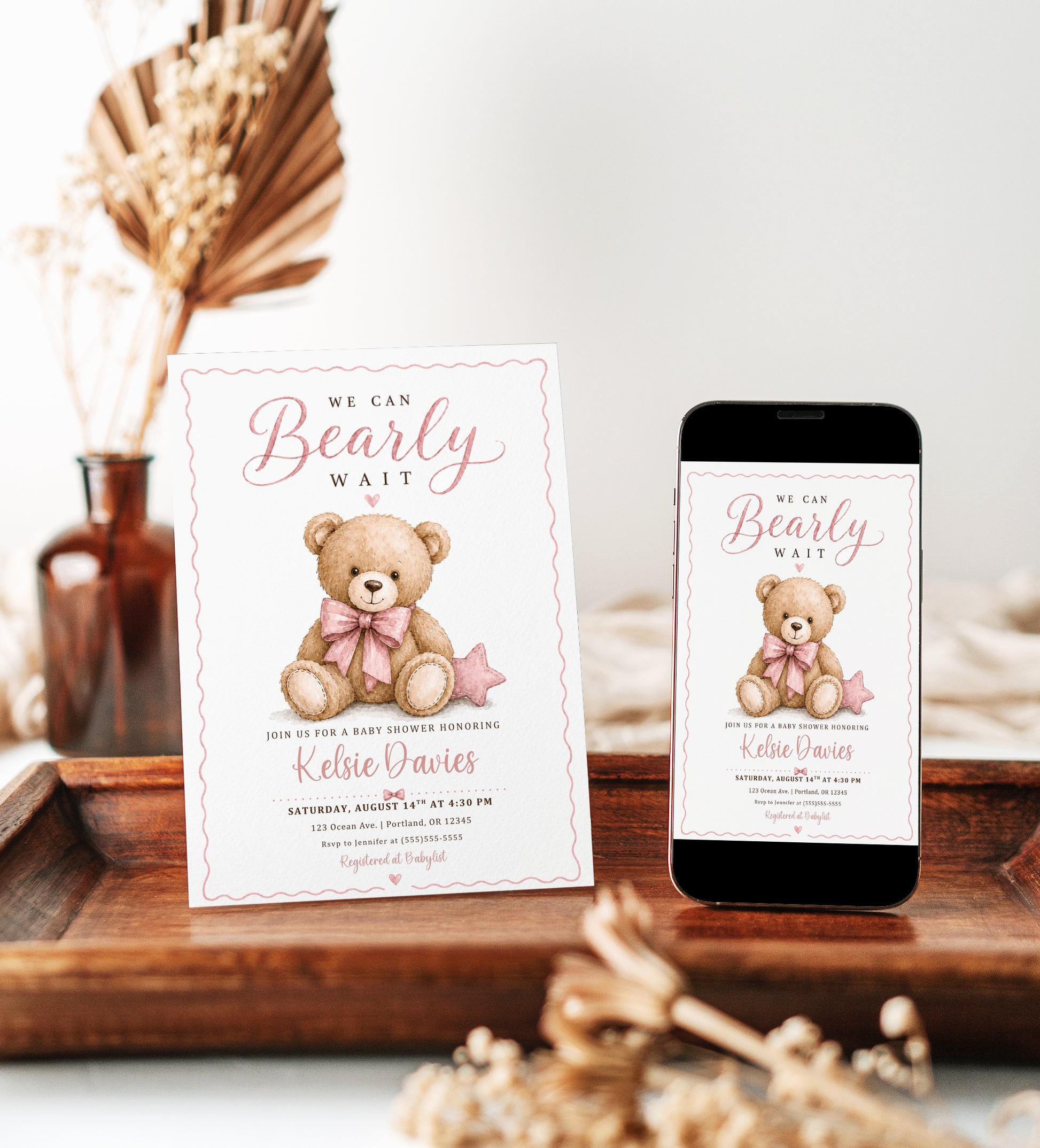 We can bearly wait baby shower invitation with watercolor teddy bear, pink bow, stitched star pillow, scalloped border, and soft pink baby girl details
