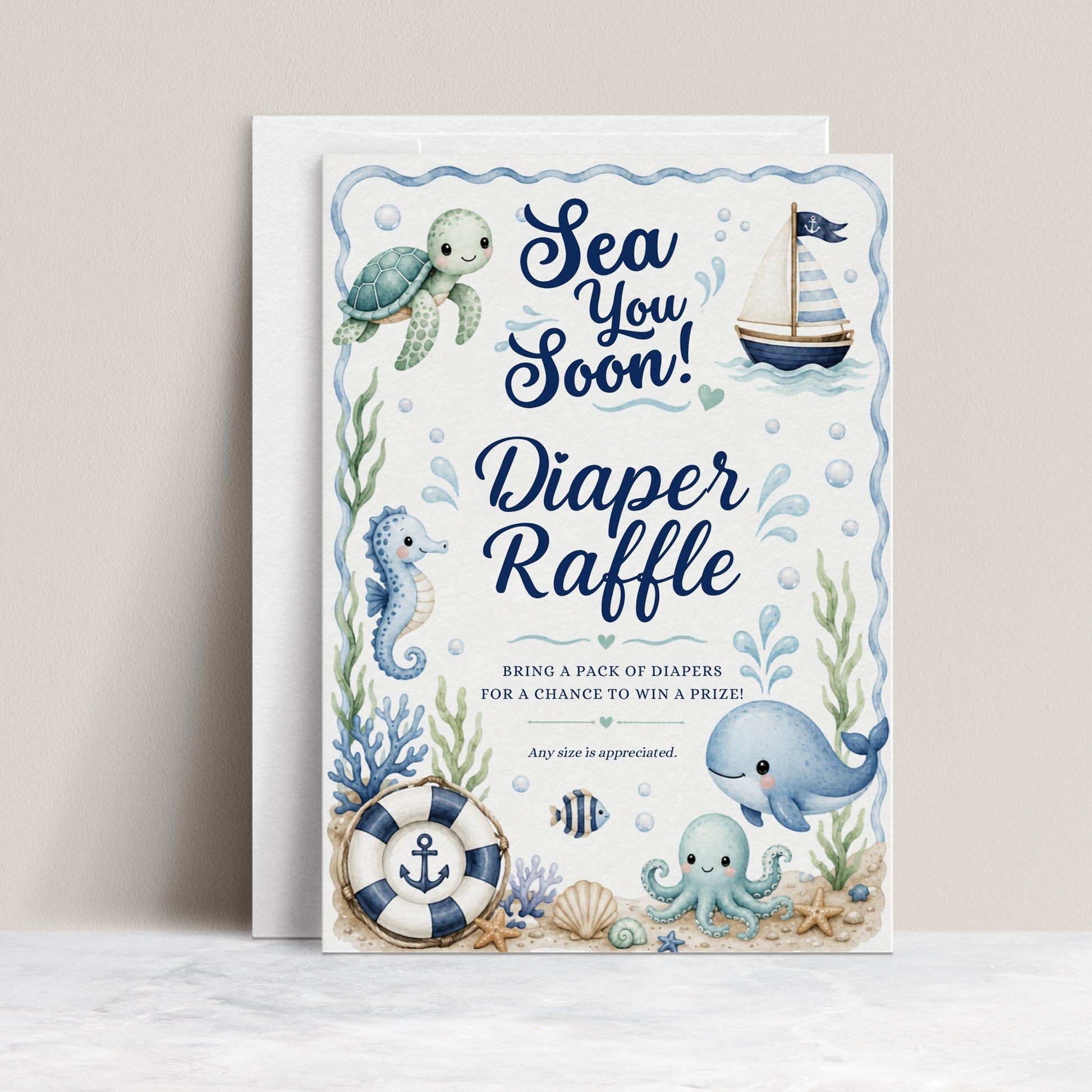 Editable under the sea diaper raffle card Canva template with watercolour sea turtle, whale, octopus, seahorse, sailboat, shells, and starfish in soft blue tones on a white background with wave border