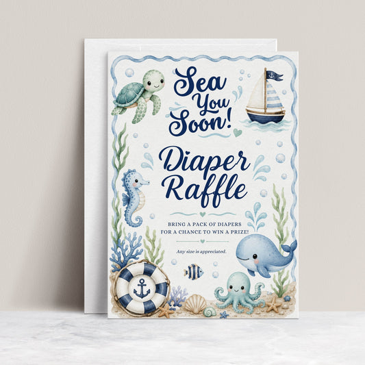 Editable under the sea diaper raffle card Canva template with watercolour sea turtle, whale, octopus, seahorse, sailboat, shells, and starfish in soft blue tones on a white background with wave border