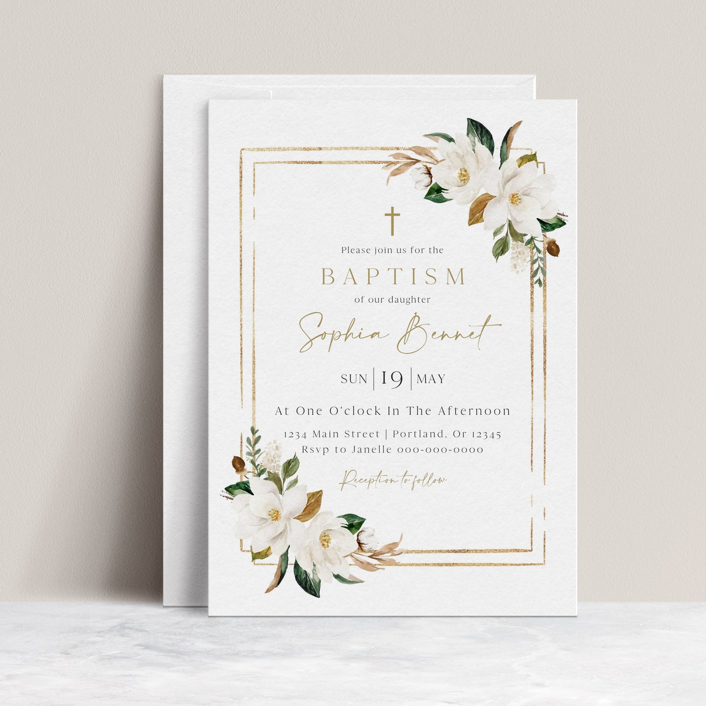 White magnolia and gold frame baptism invitation template with watercolor magnolia blooms and gold glitter border, editable in Canva