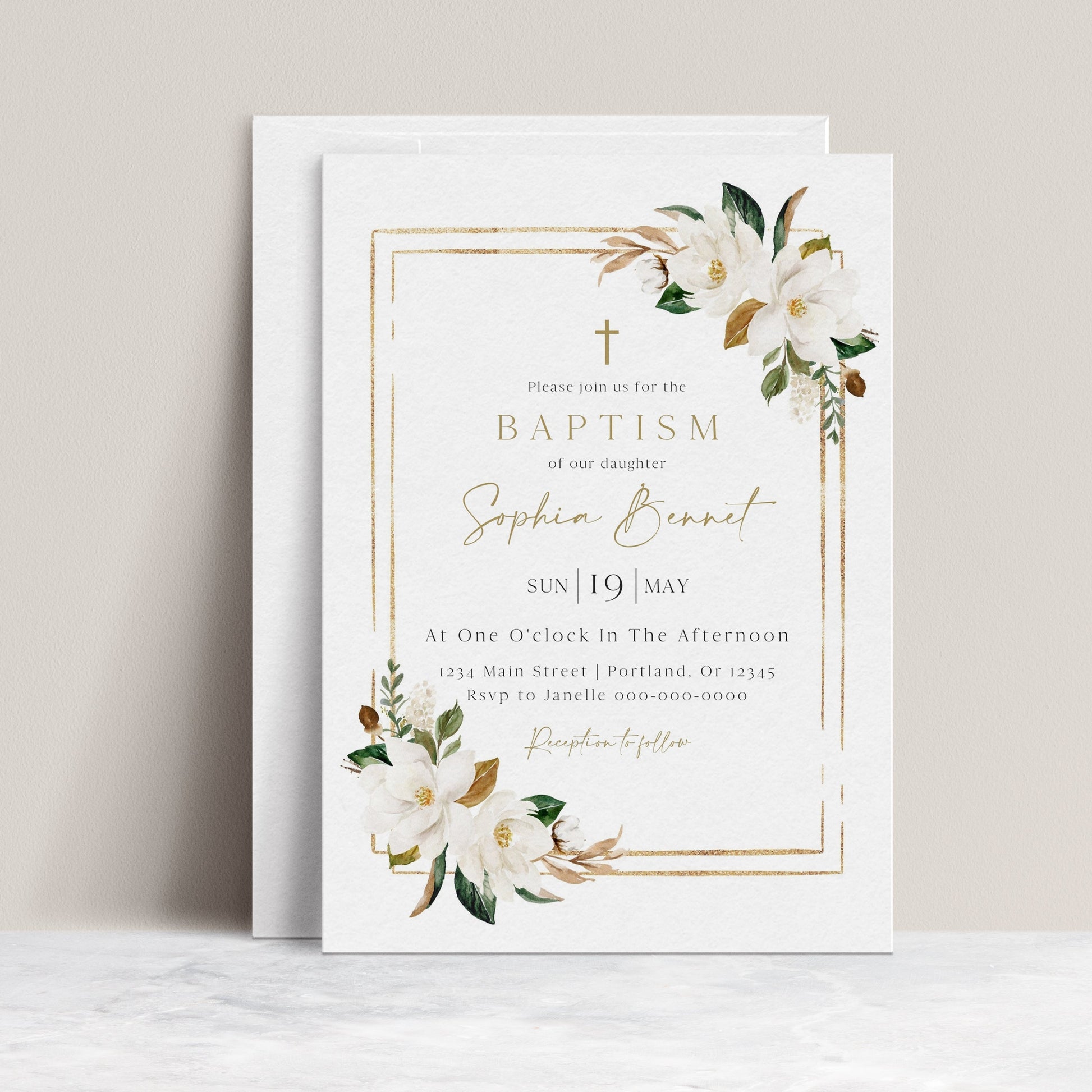 White magnolia and gold frame baptism invitation template with watercolor magnolia blooms and gold glitter border, editable in Canva