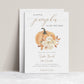Little pumpkin fall baby shower invitation template with watercolor orange pumpkin, cream roses, and gold calligraphy script, editable in Canva