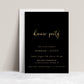 Black and gold dinner party invitation template with gold calligraphy script and elegant typography on black background, editable in Canva
