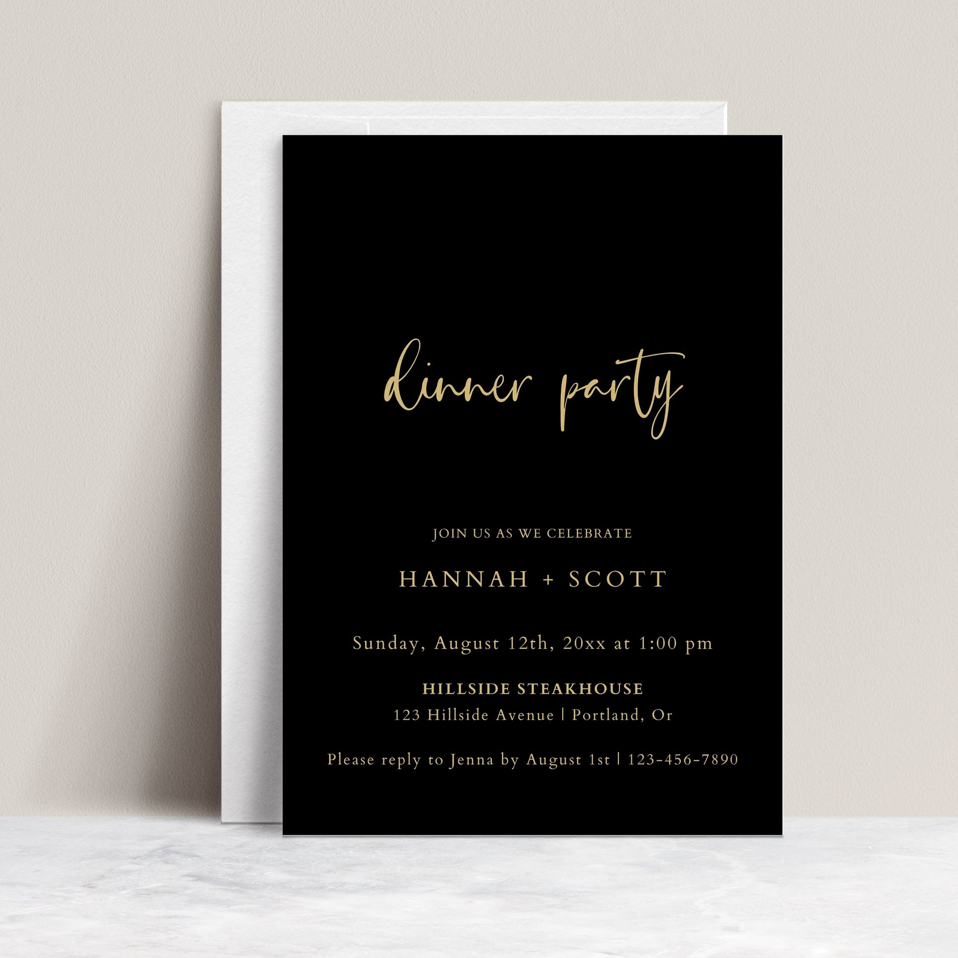 Black and gold dinner party invitation template with gold calligraphy script and elegant typography on black background, editable in Canva