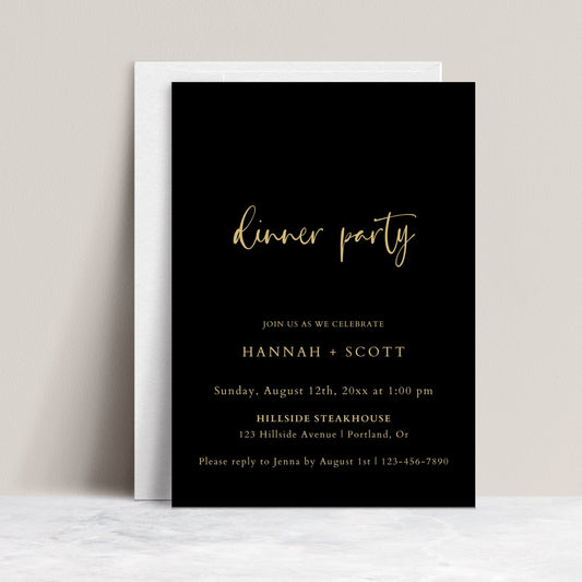 Black and gold dinner party invitation template with gold calligraphy script and elegant typography on black background, editable in Canva