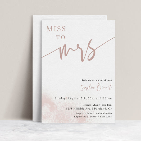 Latte toned Miss to Mrs bridal shower invitation template with dusty rose calligraphy script and watercolor wash, editable in Canva