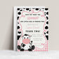 Cow print girl birthday invitation with a cartoon cow, cow spots, and pink gingham in black, white, and pink