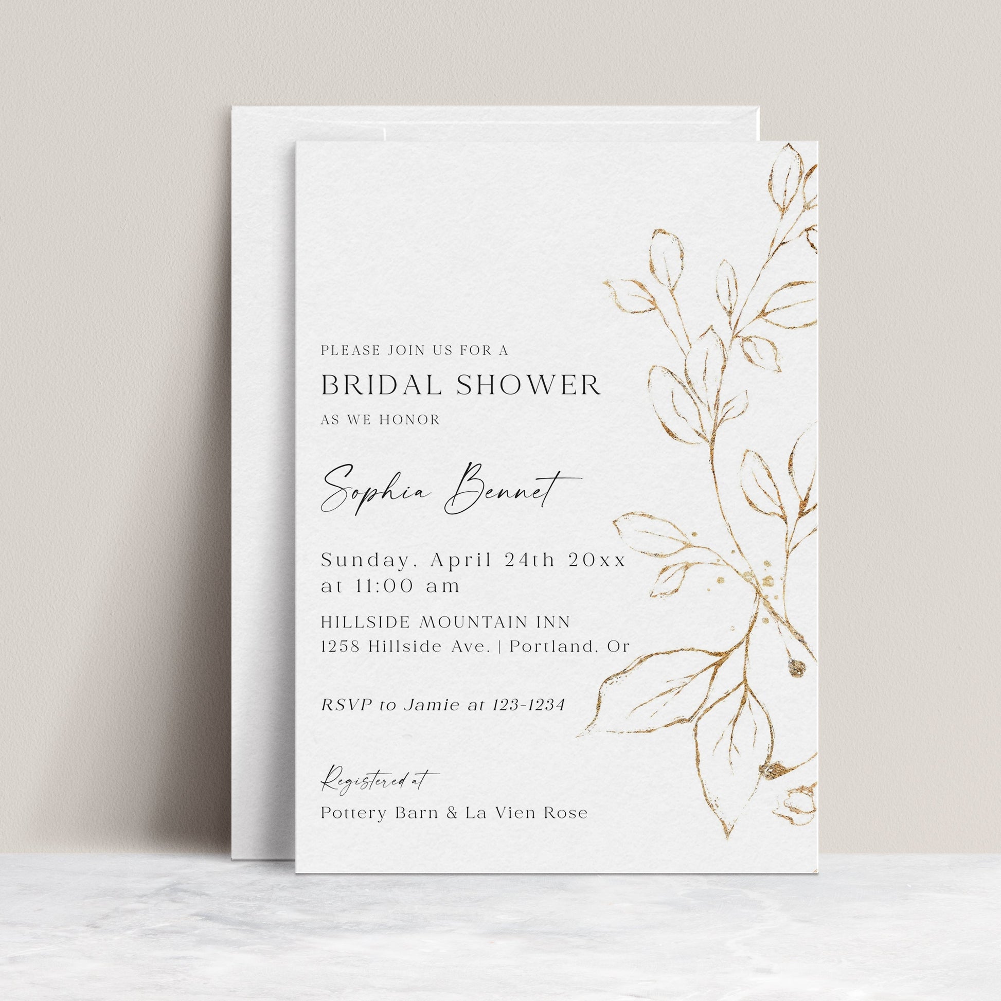 Elegant gold leaf bridal shower invitation template with hand-painted gold botanical branch on white background, editable in Canva