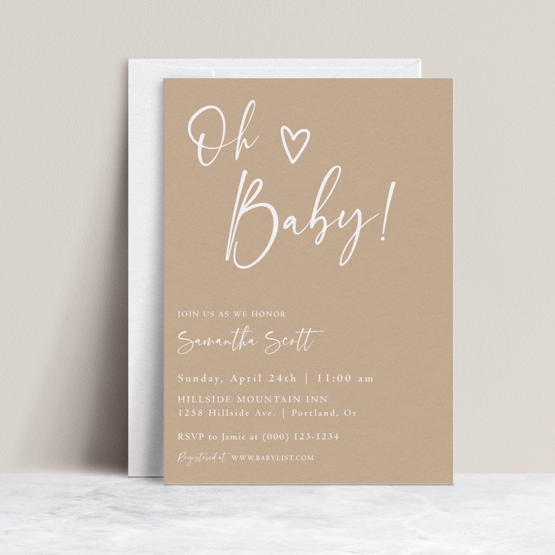 Editable neutral oh baby baby shower invitation Canva template with oversized script typography and hand-drawn heart on a warm sand beige background