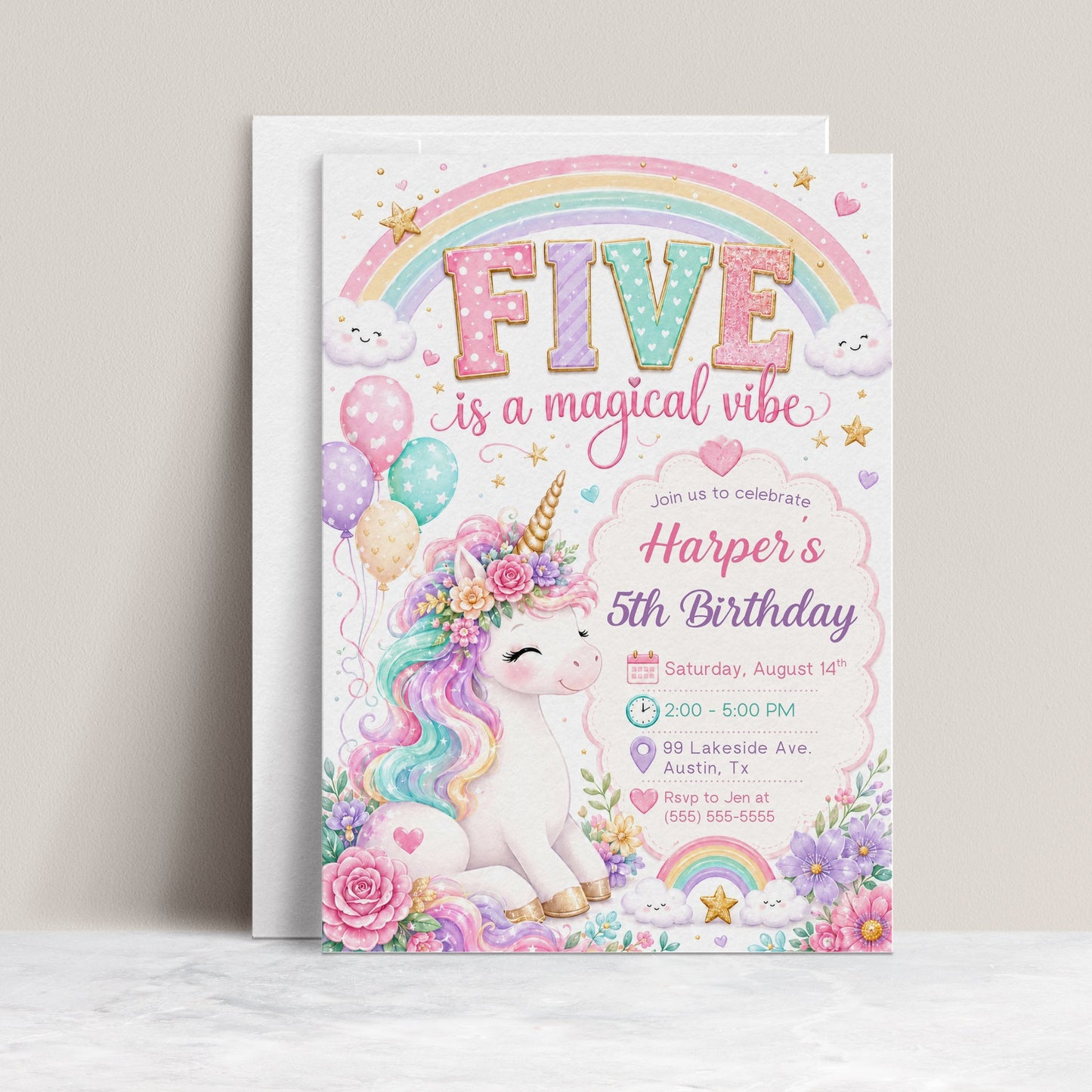 Unicorn fifth birthday invitation featuring a pastel rainbow, smiling clouds, balloons, gold stars, colourful flowers and a floral unicorn.
