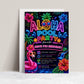 Neon Aloha pool party birthday invitation featuring a glowing pineapple, pink flamingo float, hibiscus flowers, palm trees and colorful tropical lights.
