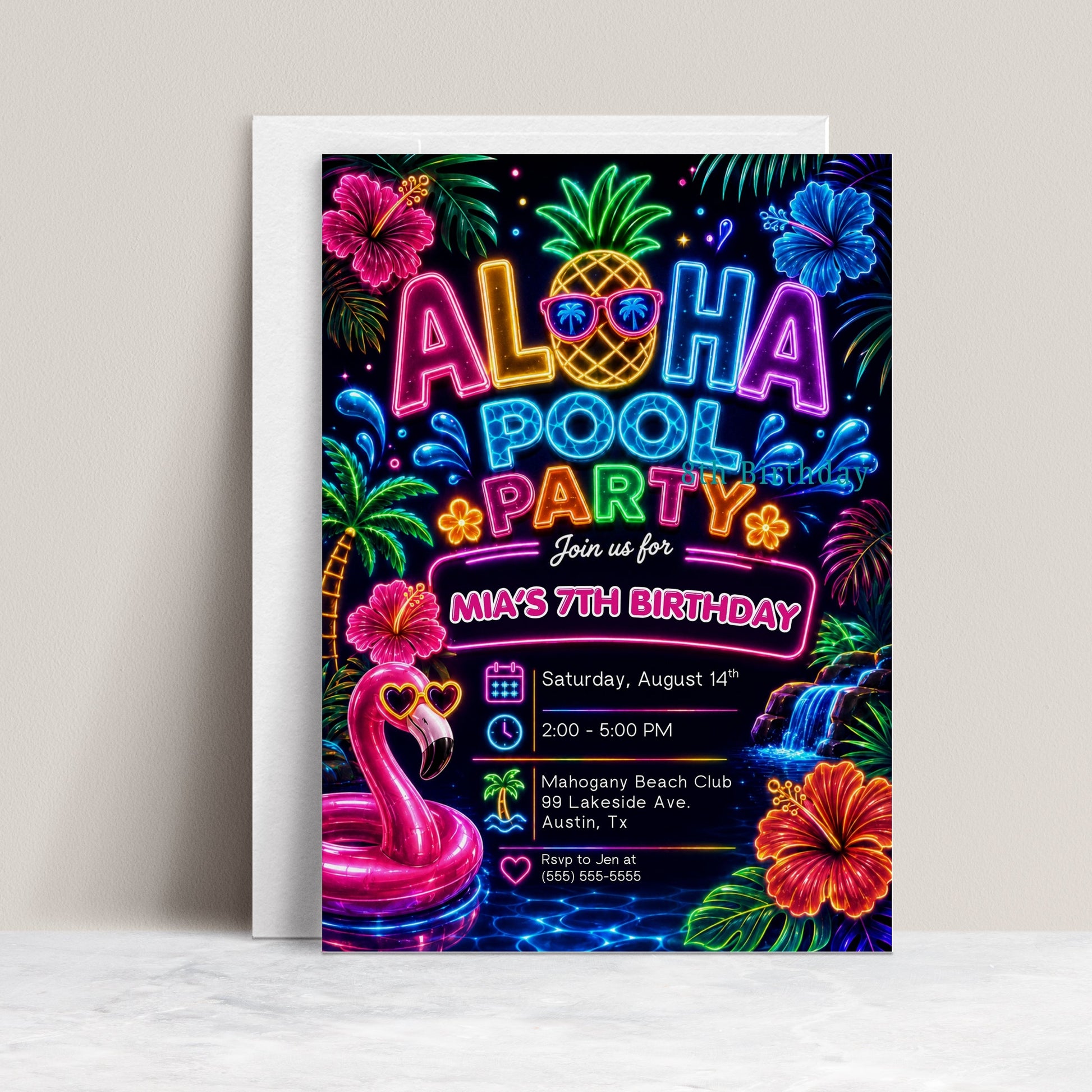 Neon Aloha pool party birthday invitation featuring a glowing pineapple, pink flamingo float, hibiscus flowers, palm trees and colorful tropical lights.
