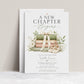 Editable a new chapter baby shower invitation Canva template with stacked vintage hardcover books tied with cream bow, baby shoes, white ranunculus, baby's breath, and botanical greenery on a white background