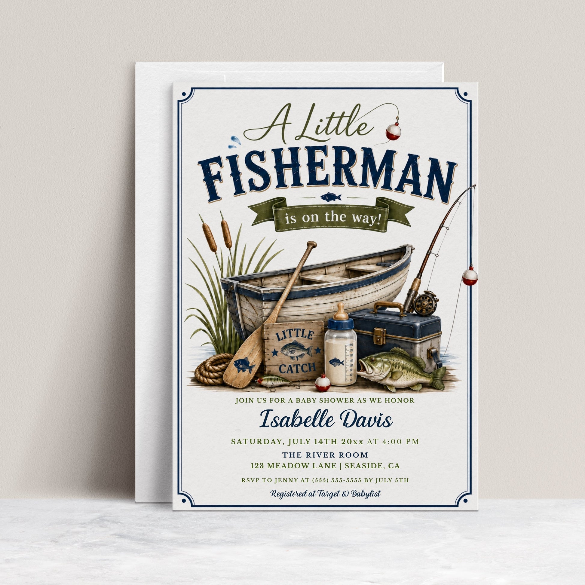 Fishing baby shower invitation with a rowboat, tackle box, and bass fish in navy and green