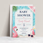 Tropical flamingo baby shower invitation with a flamingo float, beach ball, and heart sunglasses in navy, pink, and aqua