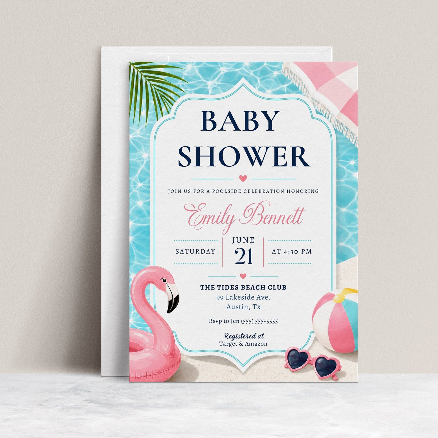 Tropical flamingo baby shower invitation with a flamingo float, beach ball, and heart sunglasses in navy, pink, and aqua
