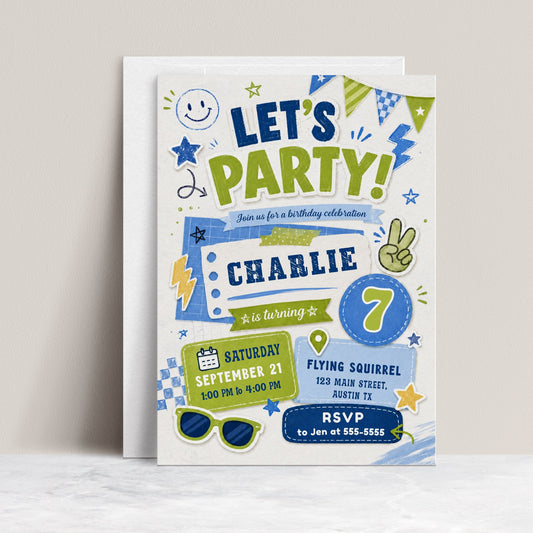 Let’s party boy birthday invitation with blue and green sticker-style graphics, stars, lightning bolts, sunglasses, banners, and retro party details