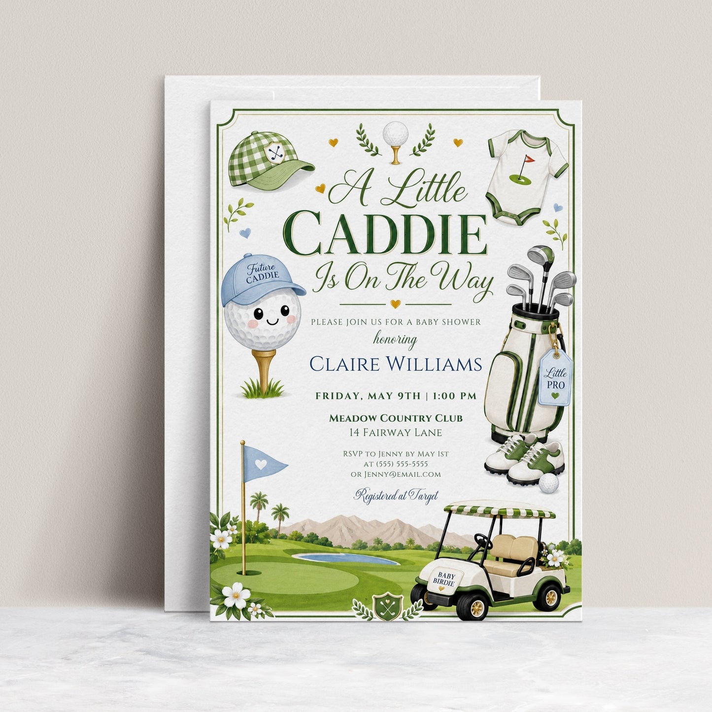 Editable golf baby shower invitation Canva template with illustrated smiling golf ball, golf bag, saddle shoes, golf cart, gingham cap, and fairway scene in forest green and white