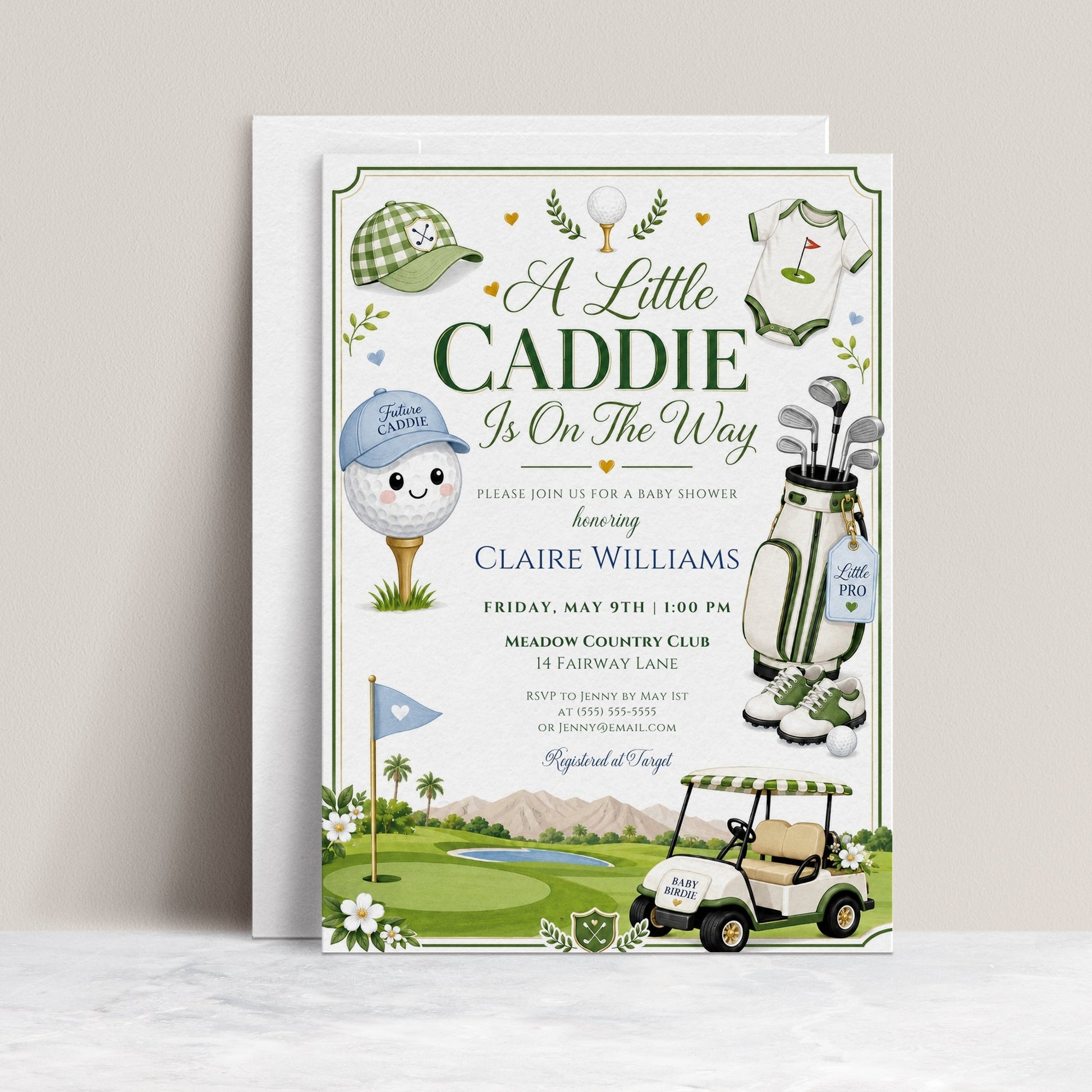 Editable golf baby shower invitation Canva template with illustrated smiling golf ball, golf bag, saddle shoes, golf cart, gingham cap, and fairway scene in forest green and white