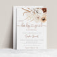 Boho brown floral baby girl shower invitation template with pampas grass, white orchids, and terracotta florals with rust calligraphy script, editable in Canva