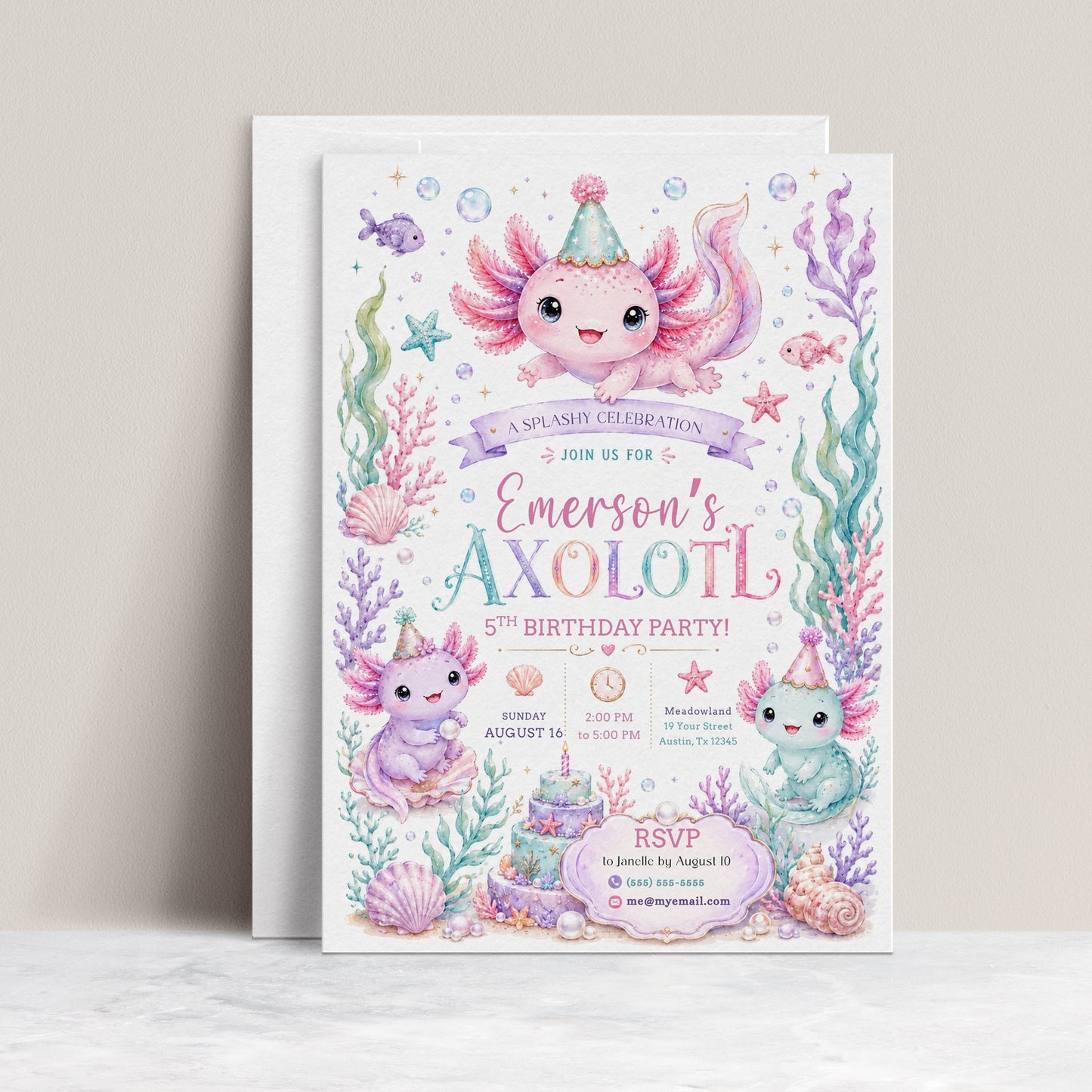 Axolotl birthday party invitation with pastel axolotls, coral, seashells, bubbles, starfish, pearls, ocean cake, and cute under the sea birthday details
