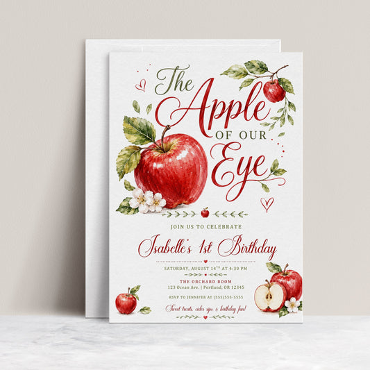 Apple of our eye birthday invitation with watercolor red apples, leafy branches, apple blossoms, hearts, elegant script lettering, and orchard birthday details