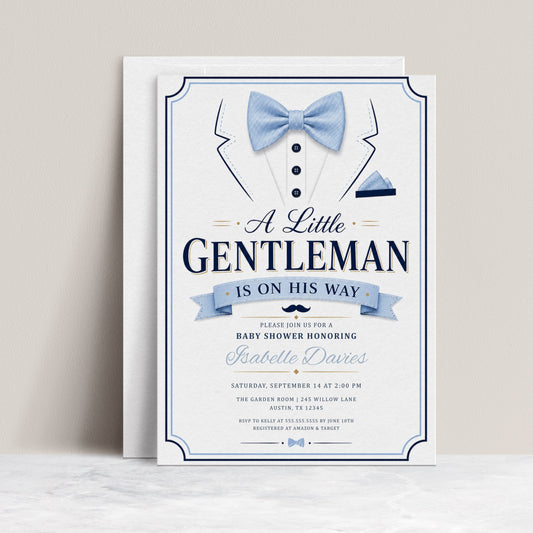 Little gentleman baby shower invitation with blue bow tie, tuxedo shirt details, navy buttons, pocket square, mustache, ribbon banner, and elegant baby boy design