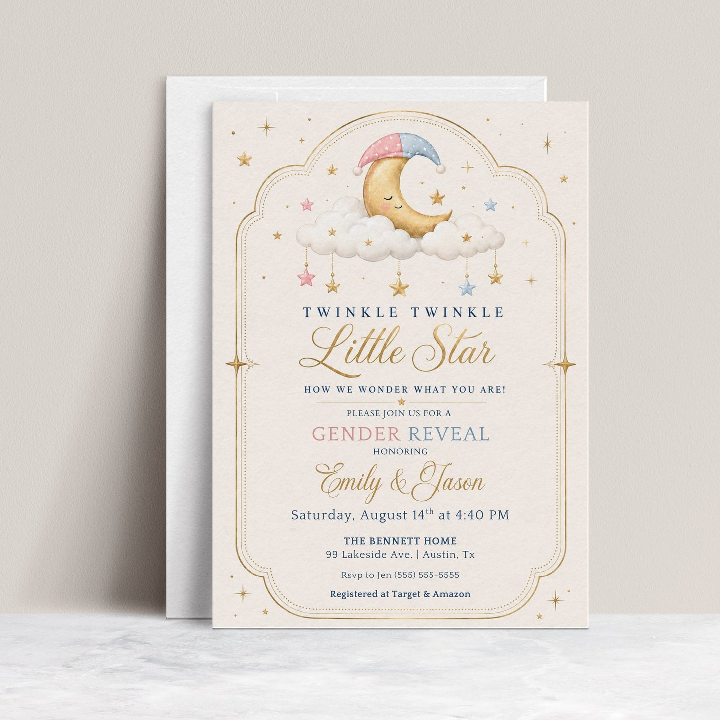Moon and stars gender reveal invitation with a sleeping moon, clouds, and hanging stars in pink, blue, and gold
