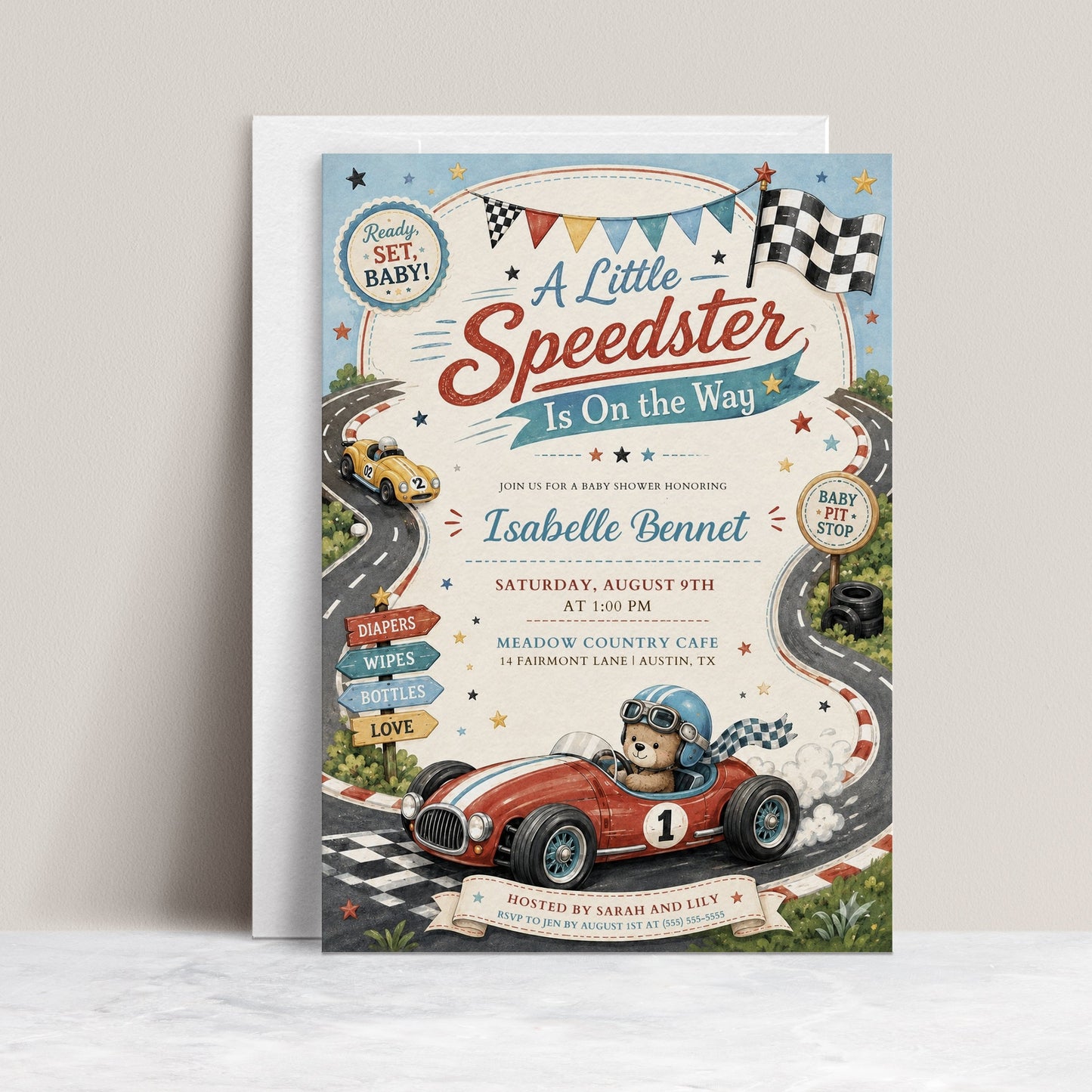 Race car baby shower invitation featuring a teddy bear driving a vintage race car, winding racetrack, checkered flag, stars and baby pit stop signs.
