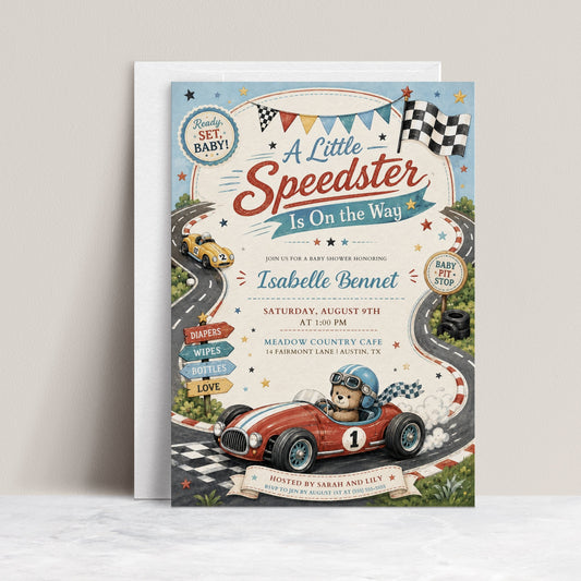 Race car baby shower invitation featuring a teddy bear driving a vintage race car, winding racetrack, checkered flag, stars and baby pit stop signs.
