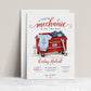 Little mechanic baby shower invitation with red tool chest, wrench, baby overalls, bodysuit, bottle, and garage-themed baby boy shower details