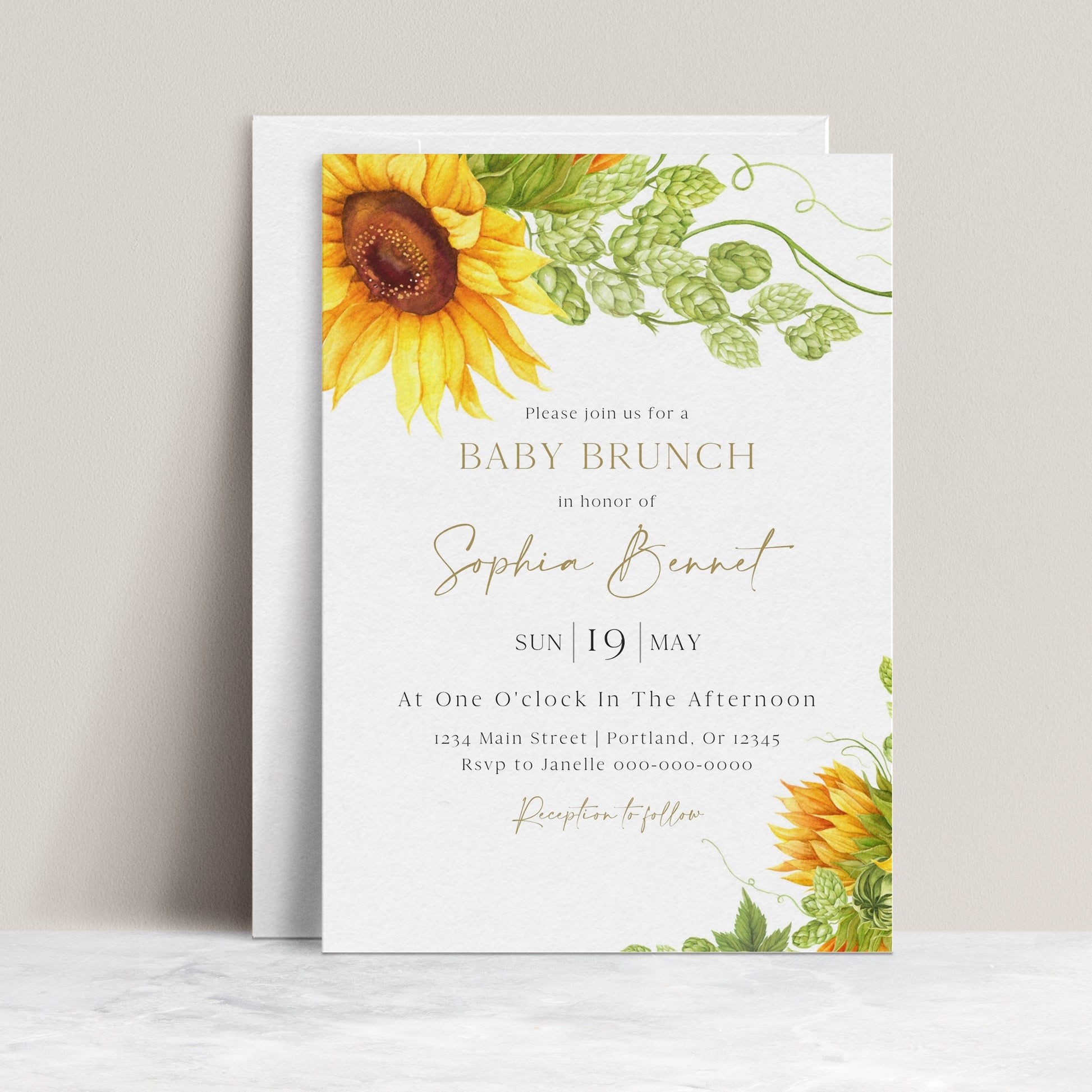 Sunflower baby brunch invitation template with watercolor sunflowers and green hop vine botanicals in corners, editable in Canva