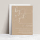 Boy or girl gender reveal invitation with elegant script lettering on a soft beige background
