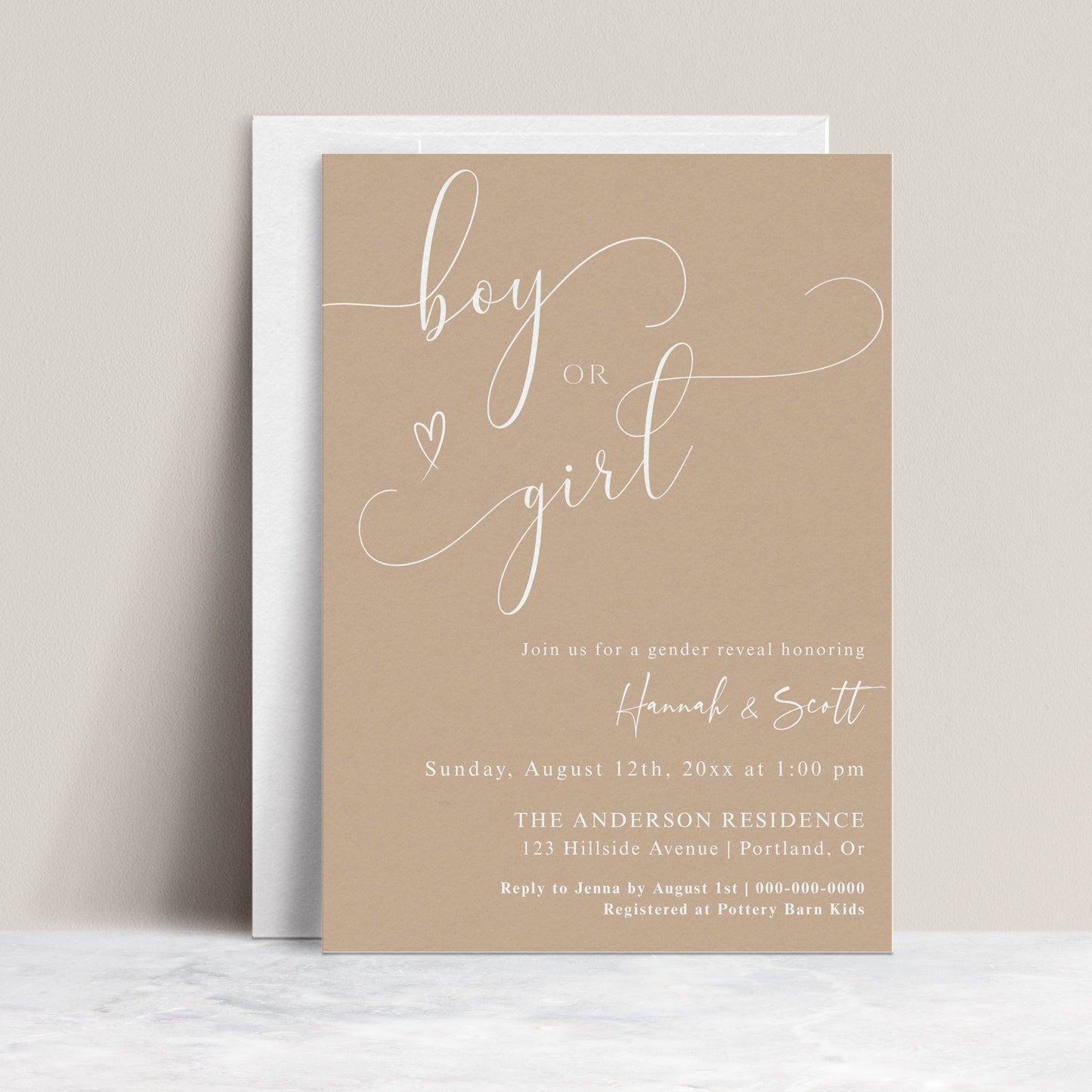 Boy or girl gender reveal invitation with elegant script lettering on a soft beige background