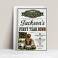 First Year Down first birthday invitation with little football player, scoreboard, helmet, football, and green brown football party details