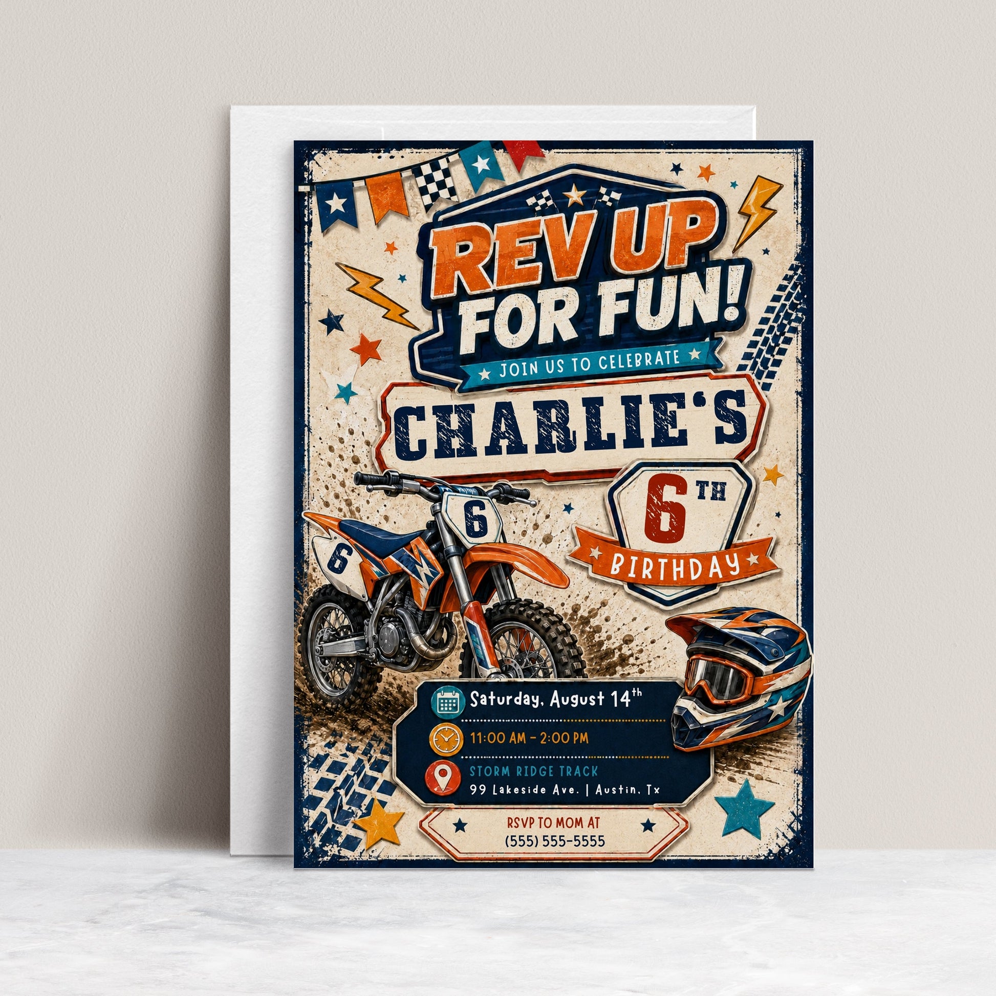 Dirt bike birthday invitation with orange motorcycle, racing helmet, checkered flags, tire tracks, stars, and bold motocross party details